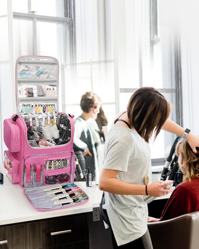 Relavel Hair Tools Travel Bag Hair Stylist Backpack Hairdresser Cosmetology Bag, Heat Insulation Full Layer for Curling Iron, Hair Straightener, Travel Accessories Case Barber Organizer (Rose Pink) - Image 7