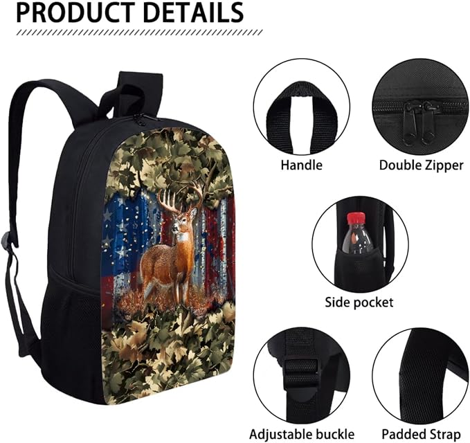 Camo Forest American Flag Deer Print Kids School Bookbag Set Patriotic Decor, Boys Girls Back to School Large Backpack Set, 3 Pcs Lightweight Schoolbag Set with Lunch Bag and Pen Bag - Image 4