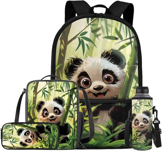 Panda Backpack for Girls Boys Backpack with Lunch Box Water Bottle Pouch and Kawaii Pencil Case 4PCS Set Cute Bookbag with Front Pocket for School 17 inch Large Sturdy School Bag for Kids by ELEDIZI