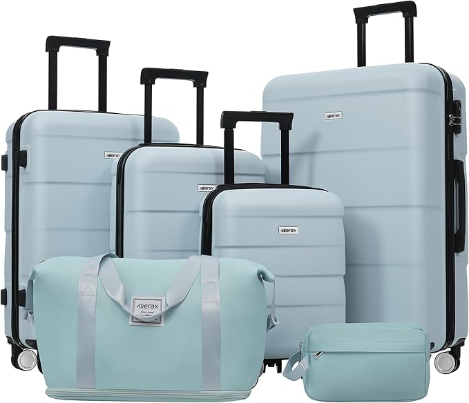 Merax Luggage Set,6 Piece Carry on Hardcase Suitcase with Travel Bags | Durable Suitcase Set with Double Spinner Wheels,16/20/24/28 IN Luggage Airline Approved,Light Blue by Merax