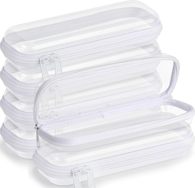Sanwuta 6 Pcs Clear Hard Zipper Case Plastic Zipper Pouches Transparent Makeup Bag Pencil Case Pouches Toiletry Diaper Bag for Travel Toy Storage Organizer Bins(White,7.87 x 2.56 x 1.57 Inch) by Sanwuta