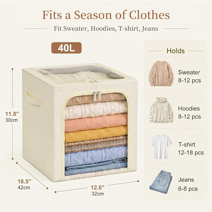GoMaihe Clothes Storage Bins with Metal Frame Beige 40L 6-Pack | Stackable, Clear Window, Duable Zipper, For Sweater Jeans Hoodies T-shirt , For Top Shelf Closet Organizer - Image 2