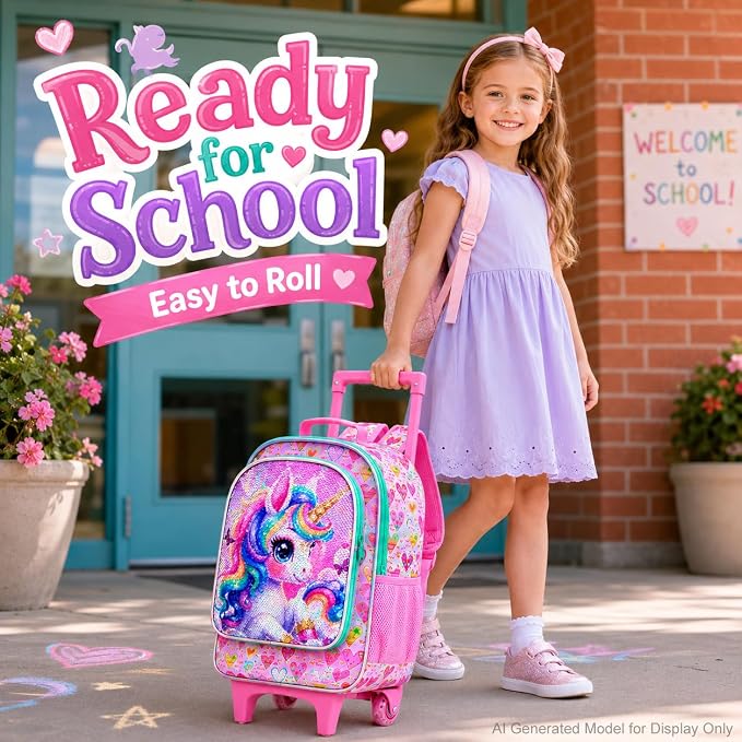 AGSDON 3PCS Rolling Backpack for Girls Boys, Kids Roller Wheels Bookbag, Wheeled School Bag with Lunch Bag - Image 2