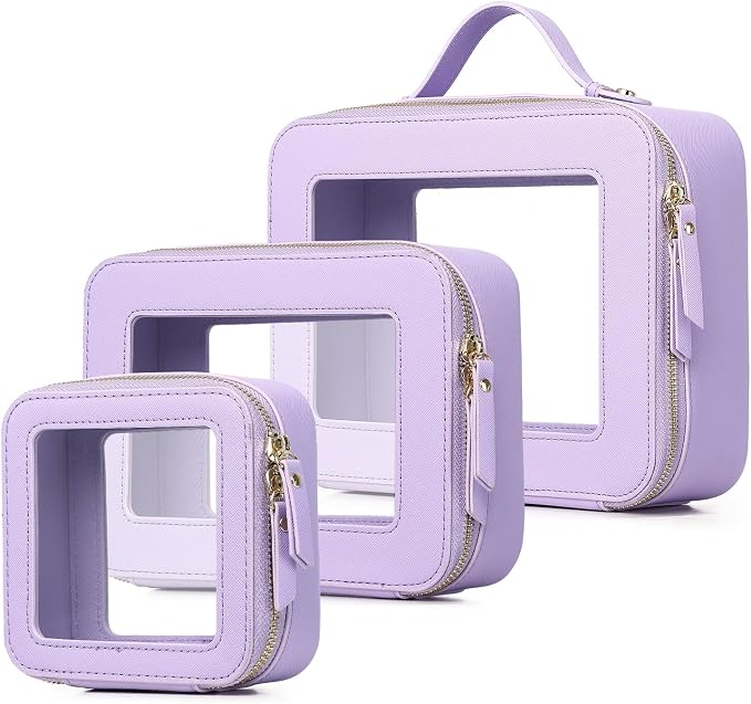 Pinkmik Clear Makeup Bag Waterproof Travel Case for Cosmetics and Toiletries Women's Purse Organizer and Clear Car Bag with Zipper (X/Purple, L+M+MINI) by Pinkmik