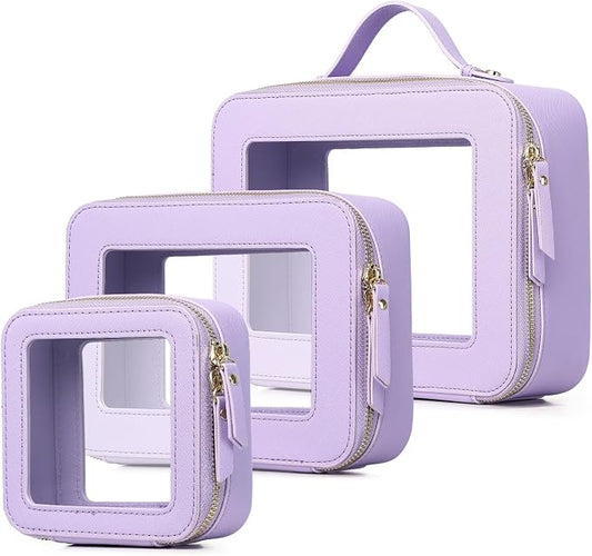 Pinkmik Clear Makeup Bag Waterproof Travel Case for Cosmetics and Toiletries Women's Purse Organizer and Clear Car Bag with Zipper (X/Purple, L+M+MINI) by Pinkmik