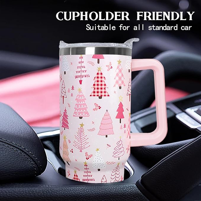 30 Oz Pink Christmas Tree Tumbler With Handle,Pink Coffee Travel Mug Cup Water Bottle,Christmas Tree Decor,Christmas Gifts for Women