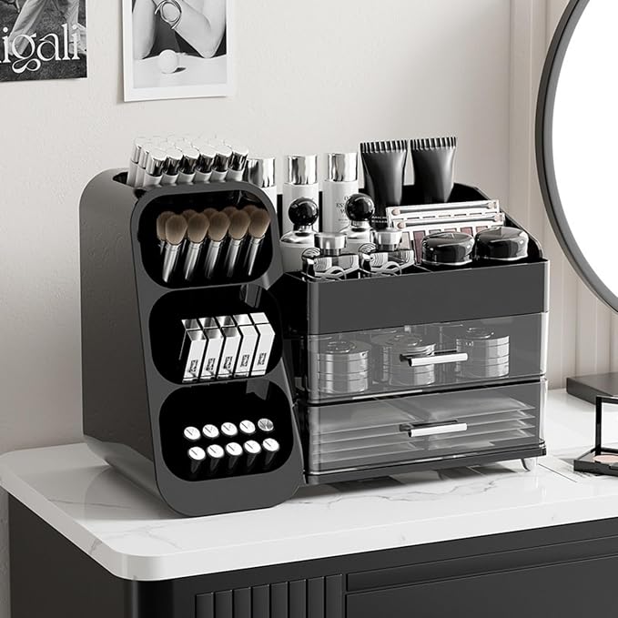Makeup Organizer with Drawers, Large Capacity Countertop Organizers for Vanity,Bathroom and Bedroom Desk Cosmetics Organizer,Easy To Storage Skincare,Brushes,Lotions,Lipstick (Black) - Image 7