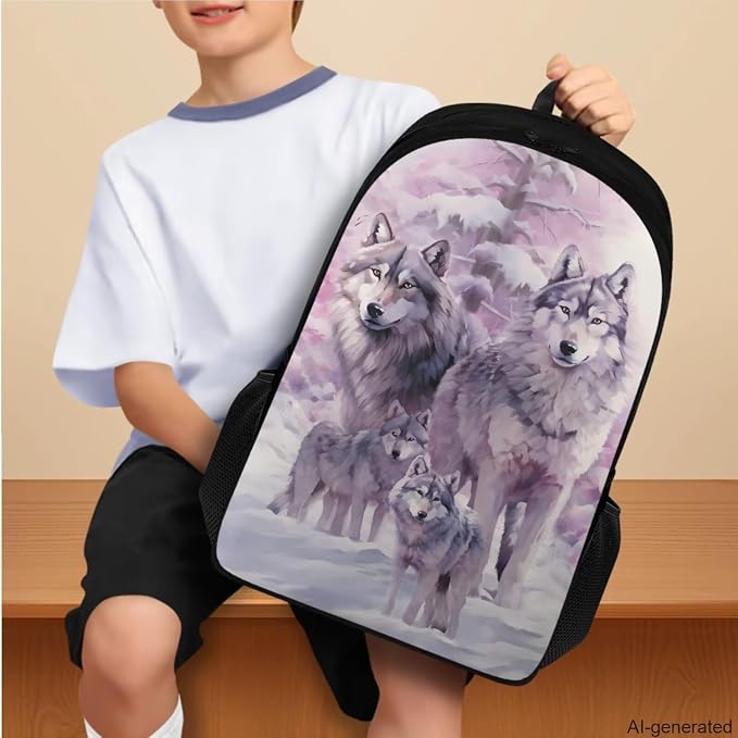 Wolf Backpack for Girls Kids Backpack with Lunch Box Water Bottle Carrier and Soft Pencil Case 4PCS Set Bookbag with Compartments for School 17 inch Large Capacity School Bag and Side Pocket - Image 3