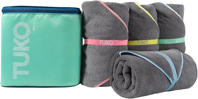 MISSION Tuko Microfiber Beach Towels 4 Pack, Quick Dry Pool Towel Set with Water Resistant Carrying Case, Lightweight Sand Resistant Travel Essential for Boat, Swim and Beach, 60 x 30 by MISSION