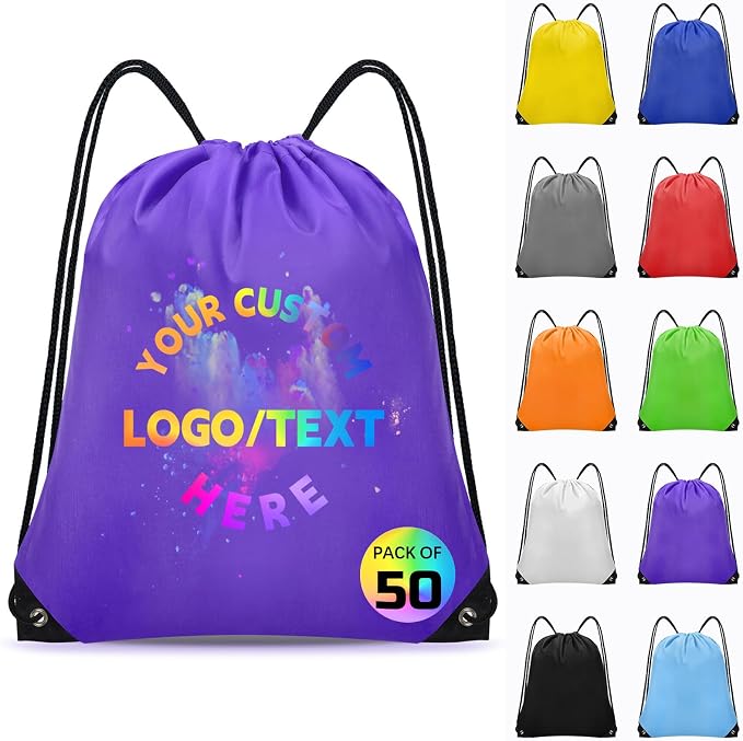 Grneric Custom Drawstring Bags Bulk 10/20/50/100/200 Pack, Promotional Items With Your Logo Personalized String Backpack for Gym, Sport, Travel, Purple by Grneric