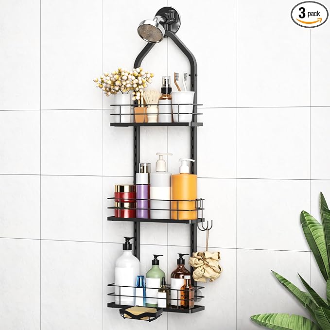Shower Caddy Hanging (Black), Adjustable Anti-Swing-Over The Shower Head Caddy, 3 Tier Height Bathroom Storage Organizer, Bathroom Shelves Basket Rack, Shower Caddies Rack with Adjustable Soap Basket by Aquohola