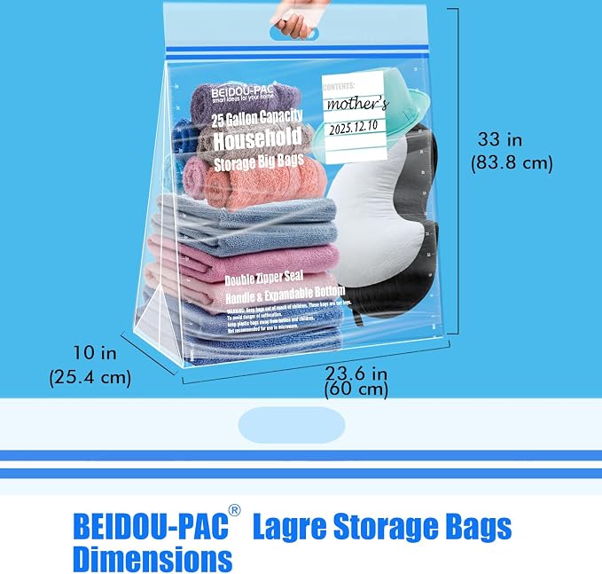 BEIDOU-PAC 25 Gallon Jumbo Storage Bags with Handle, 15 Count | Double Zipper Seal | Expandable Bottom, Resealable Clear zip Bags for Home, Travel, Moving, Commercial and Outdoor - Image 2