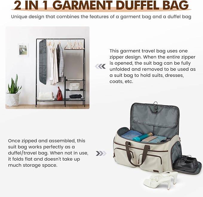 Garment Bag for Travel, S-ZONE Duffle Bag for Men Travel Convertible Suit Bags Carry on Luggage Women Hanging Suitcase Travel Bag with Toiletry Bag | Soft Canvas, Black, Carry-on size, with Toiletry Bag, Adjustable Shoulder Strap, Trolley Sleeve, Shoe ... - Image 6