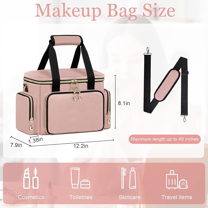 GDNasist Large Makeup Bag, Portable Travel Makeup Bag Organizer for Women Girls with Removable Shoulder Strap & Detachable Dividers, Cosmetic Travel Bag, Toiletry Bag for Makeup - Image 3