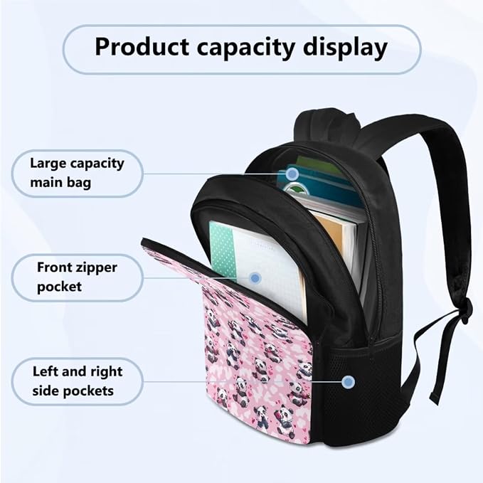 Backpack for School Teens Bookbags with Reusable Lunch Bag Pencil Pouch Water Bottle Organizer Set of 4, Panda Heart Hiking Bookbag Lightweight Book Bags Rucksack for Travel - Image 2