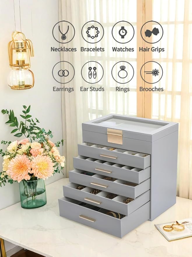 BOOVO Jewelry Boxes for Women, White and Black 6 Layer Large Jewelry Box for Necklace, Bracelet, Earrings, Rings Storage, Jewelry holder Organizer for Girls Gift (Grey, 6 layer) - Image 3