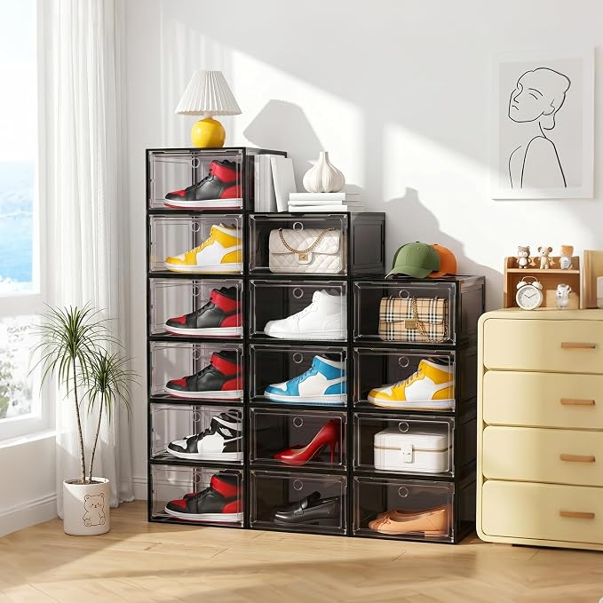 Large Shoe Boxes Clear Plastic Stackable, 8 Pack Drop Side Shoe Storage Organizer with Magnetic Door, Shoe Container Sneaker Storage Display Case Fit up to US Size 13 Black - Image 5
