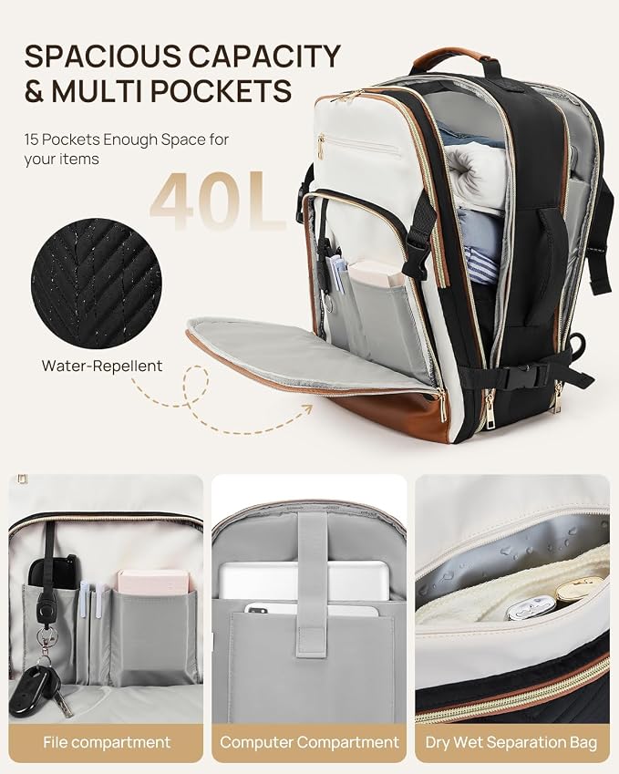 Telena Travel Backpack for Women, 17.3 inch Laptop TSA Carry On Personal Item Size Flight Approved Travel Bag Daypack with Multi-Pockets for Work, Travel, Business, Black-Beige-Brown - Image 6