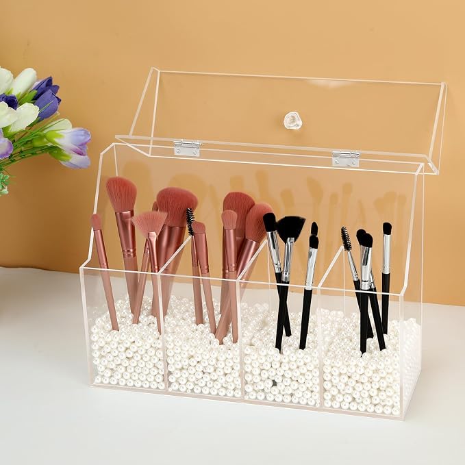 Vevitts Acrylic Makeup Organizer, Clear Cosmetic Brush Storage Box With 4 Brush Holders (Pearl not included),Makeup Brush Holder with Dust Cover, Large-capacity Split Design Organize the Desktop - Image 6