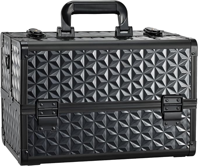 Joligrace Makeup Train Case Professional Cosmetic Organizer Aluminum Storage Box with 4 Adjustable Dividers Trays Lockable Portable with Shoulder Strap by Joligrace