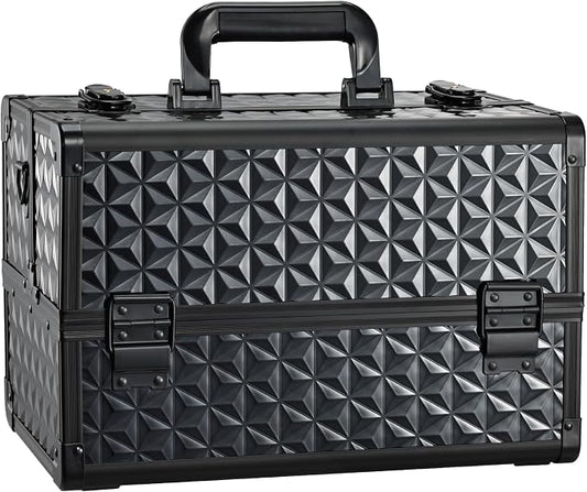 Joligrace Makeup Train Case Professional Cosmetic Organizer Aluminum Storage Box with 4 Adjustable Dividers Trays Lockable Portable with Shoulder Strap by Joligrace