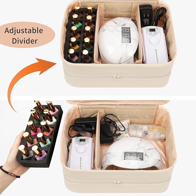 Ethereal Nail Polish Organizer Case, Leather Nail Polish Bag Holds 50+ Bottles (5ml/0.5fl.oz) and Nail Lamp, Nail Storage Organizer with Compartment, Leather White - Image 3