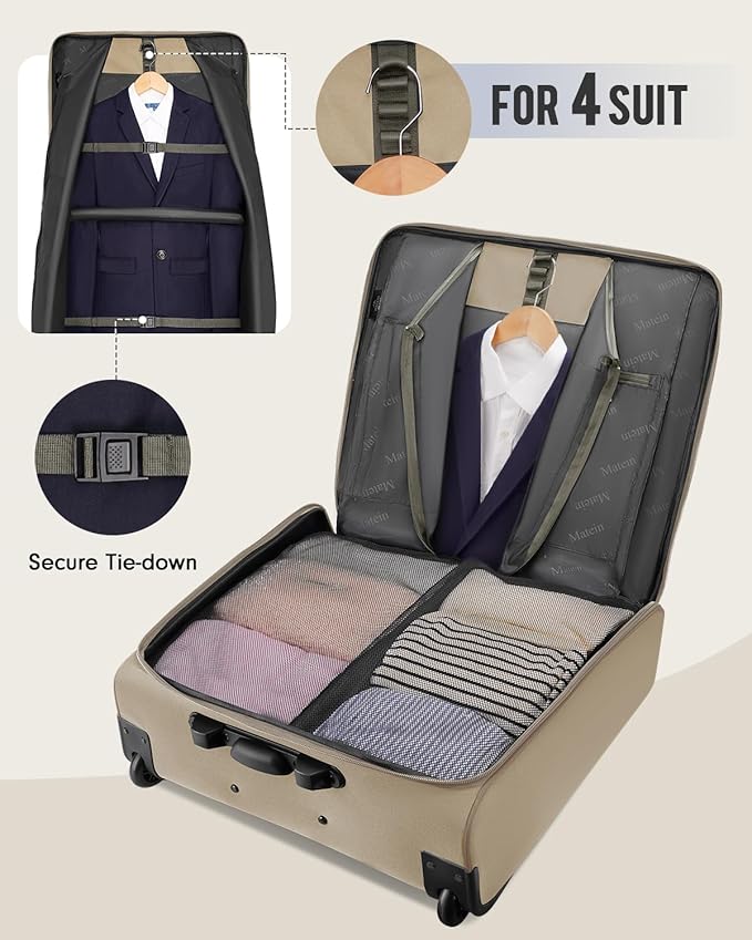 MATEIN Garment Bag with Wheels For Women, Large Wheeled Garment Bag, Khaki | For Hanging Clothes, 2 Packing Cubes, Softside, Foldable Travel Suit Carrier, Business Suitcase Luggage, Fits 17" Laptop - Image 2