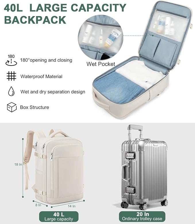 RDTGO Travel Backpack For Women,Personal Item Travel Bag Fits 17" Laptop,Flight Approved Carry-On Backpack, Hiking Backpack,Waterproof Outdoor College Casual Daypack (Beige) - Image 3