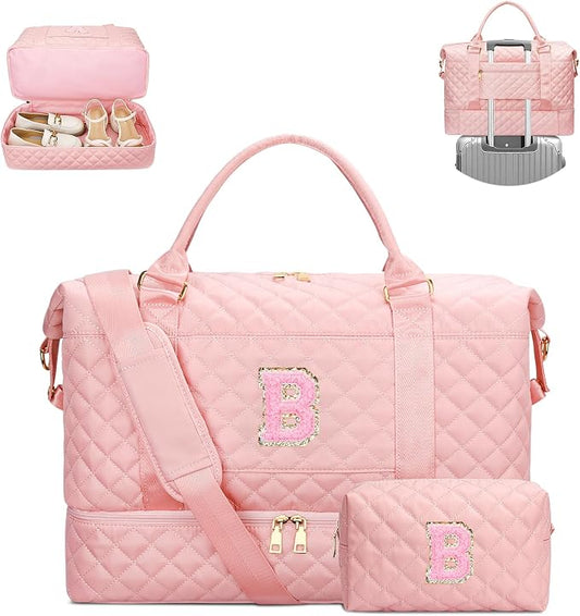 Gifts for Daughter Girls Birthday Initial Travel Duffle Bag Quilted Weekender Bags Carry-On Overnight with Makeup Bag, Gym Bag with Shoe Compartment, Pink-B by Unknown