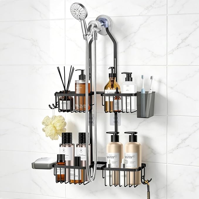 Adjustable Hanging Shower Caddy for Handheld Showerhead, Rustproof Aluminum Over Shower Head Organizer, Renter-Friendly No-Swing Storage for Tall Bottles & Soap, 2-Tier, Black by MSAICOE