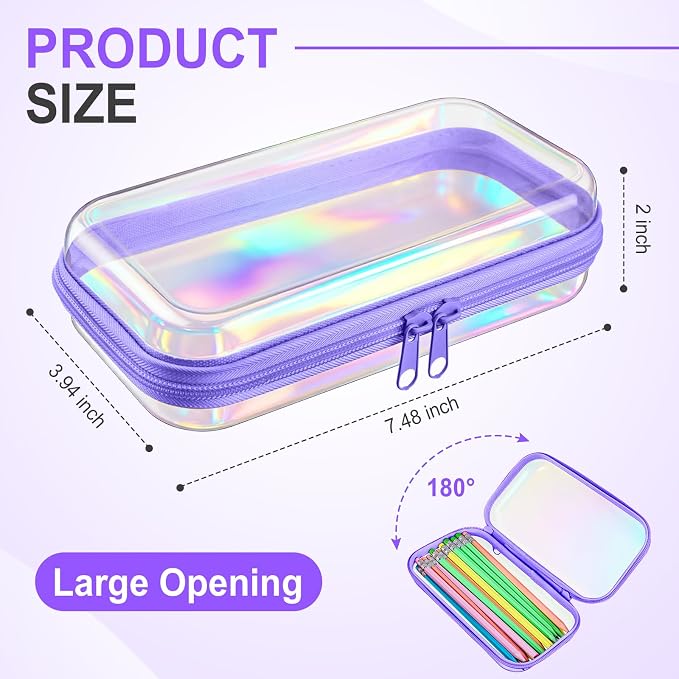 Hoolerry 4 Pcs Hard Clear Zipper Case Makeup Bags Plastic Zipper Pouch Transparent Storage Box Containers for Cosmetics, Snacks, Building Blocks, Puzzles(Clear,7.5 x 3.9 x 2 in,Purple Laser) - Image 2