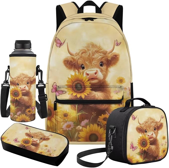 Highland Cow School Bags for Girls 7-10 10-12 Beige Kids Backpack with Lunch Box Set of 4, Cute Elementary School Backpack for Girls Travel Hiking Gym Small Daypack Purse Adjustable Straps - Image 2