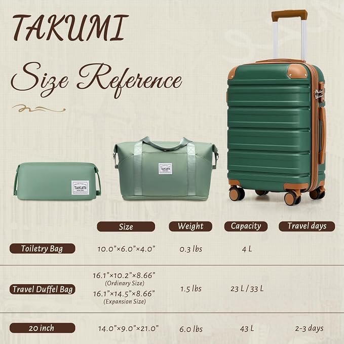 TAKUMI Carry On Luggage Set 3 Piece ABS+PC Hardshell Suitcases with Duffel Bag Double Spinner Wheels Travel Luggage with TSA Lock Lightweight Suitcase Set(GREEN BROWN, 3 PIECE SET(20/DB/TB)) - Image 7