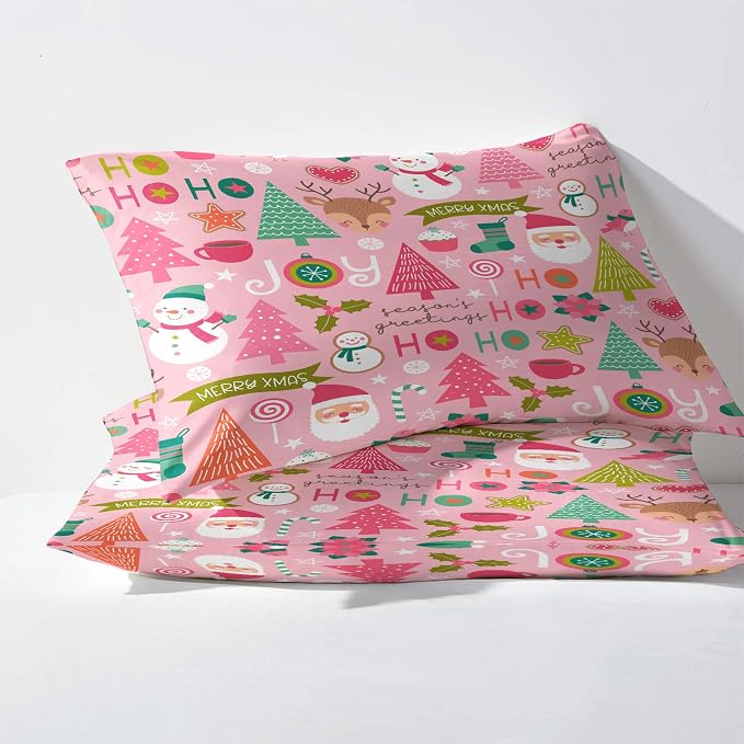 Pink Christmas Duvet Cover Twin Size Set - Kids Girls Christmas Bedding Bedroom Decor, Comforter Cover & 1 Pillowcase 2 Pieces - Cartoon Santa Theme, New Year, Lovely Home Collection Quilt Cover - Image 2