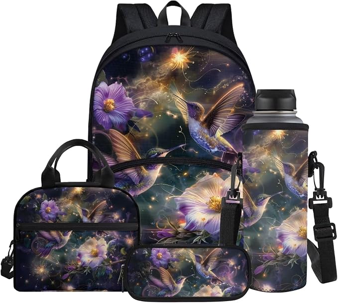 Trippy Hummingbird Floral Backpack for Boys School Bag Large Capacity Bookbag with Thermal Lunch Box & Water Bottle Cover & Zipper Pencil Case for Camping Hiking Travel by Glomenade