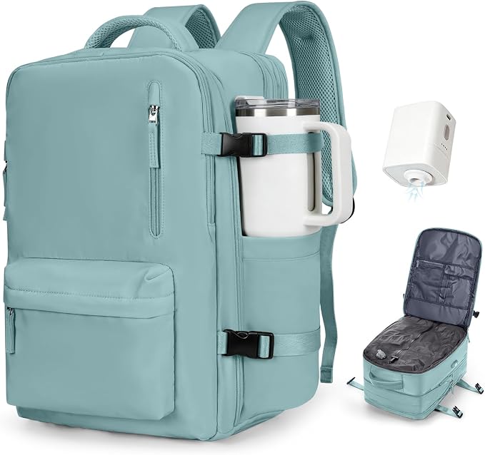 Vacuum Backpack Travel with Pump Carry on Luggage Flight Approved Essentials Personal Item Travel Bag with Vacuum System Waterproof Compression Backpack for Women Men Mochila de Viaje Light Blue by winspansy