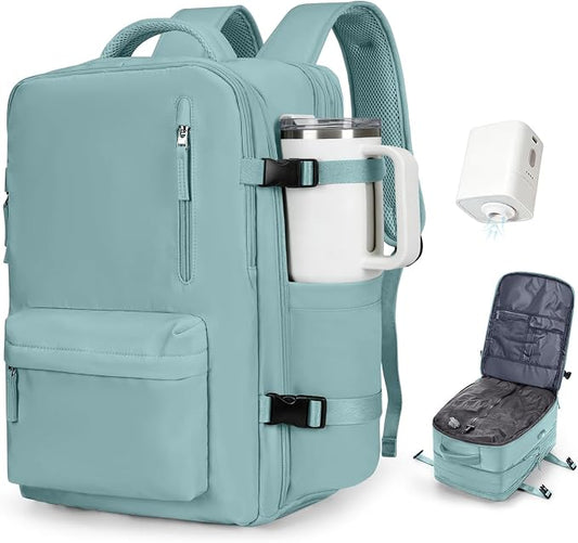 Vacuum Backpack Travel with Pump Carry on Luggage Flight Approved Essentials Personal Item Travel Bag with Vacuum System Waterproof Compression Backpack for Women Men Mochila de Viaje Light Blue by winspansy