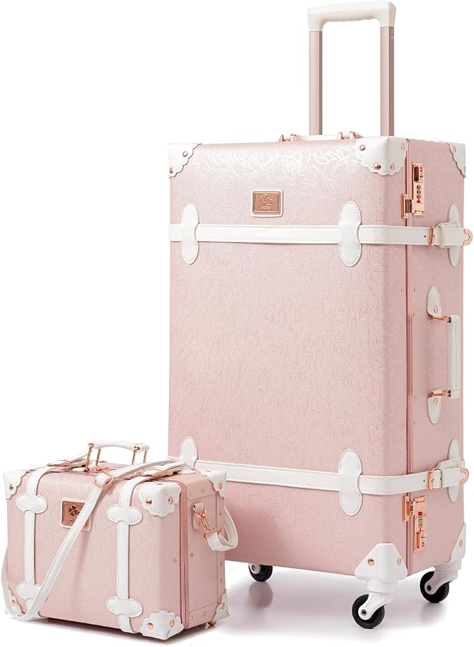 urecity 26" Vintage Luggage Set, 2 Piece Elegant Pink Retro Checked Suitcase with Cosmetic Case, Luxury Vegan Leather Aluminum Frame Spinner Trunk for Women (with Protective Clear Cover) by urecity