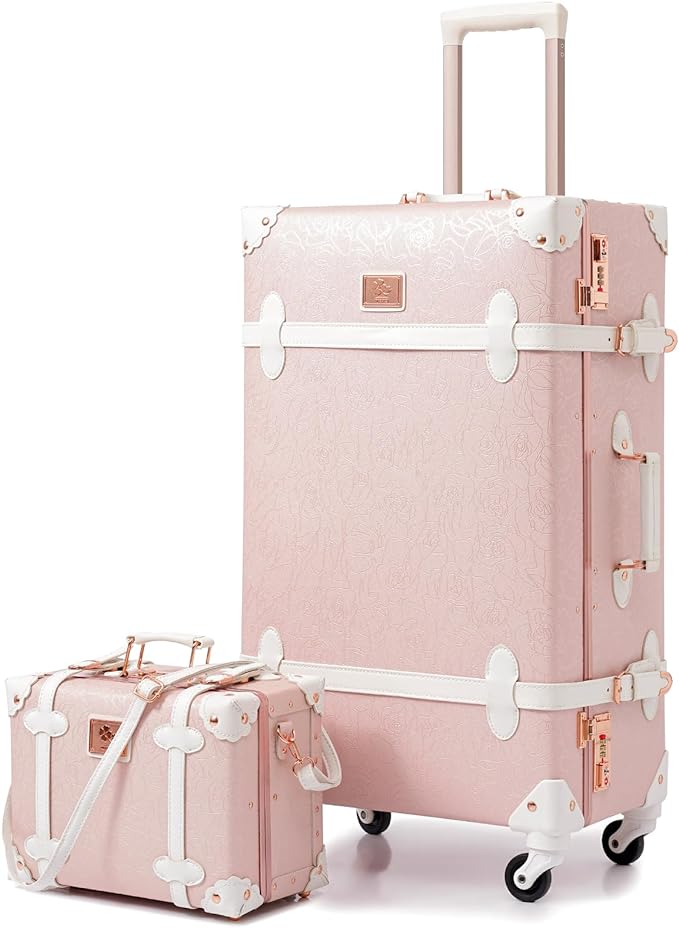 urecity 20" Elegant Pink Vintage Luggage Set 2 Piece, Aluminum Frame Retro Carry On Suitcase with Cosmetic Case, Vegan Leather Spinner Trunk for Women (Clear Cover Included) by urecity