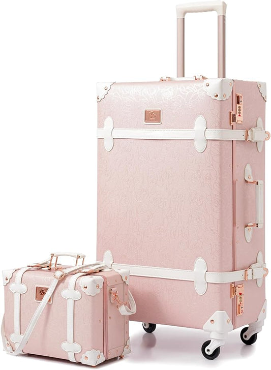 urecity 20" Elegant Pink Vintage Luggage Set 2 Piece, Aluminum Frame Retro Carry On Suitcase with Cosmetic Case, Vegan Leather Spinner Trunk for Women (Clear Cover Included) by urecity