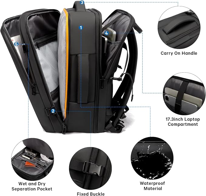 BANGE 45L Men's Expandable Travel Backpack, Men's Laptop Backpack for 17.3Inch Laptop, Carry On Backpack Fits Under Seat Airline Approved, Personal Item Travel Bag for Men… - Image 2