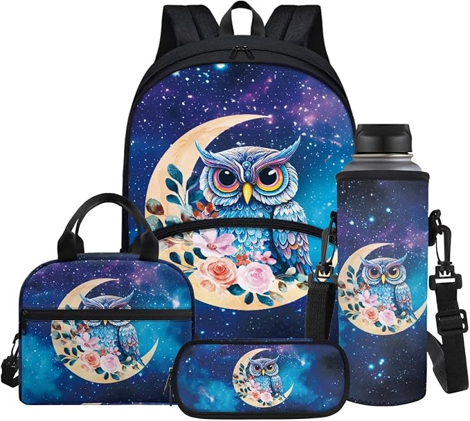 Moon & Owl Print Backpacks for Boys Girls, Lightweight Book Bag for Teen, 4 Pcs Insulated Lunch Bag Pencil Bag Water Bottle Sleeve by Glomenade