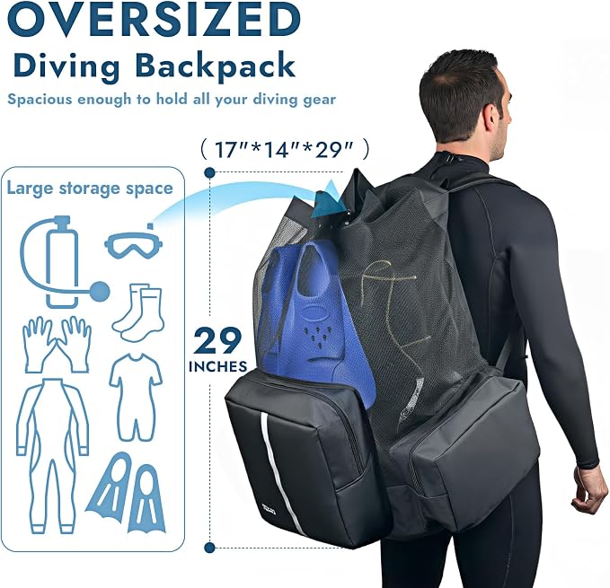 XL Mesh Scuba Diving Backpack, 110L Extra Large Dive Gear Bag with Multiple Pockets, Holds Mask Fins Wetsuit, Multipurpose Snorkeling Bag for Beach Kayaking Travel - Image 2