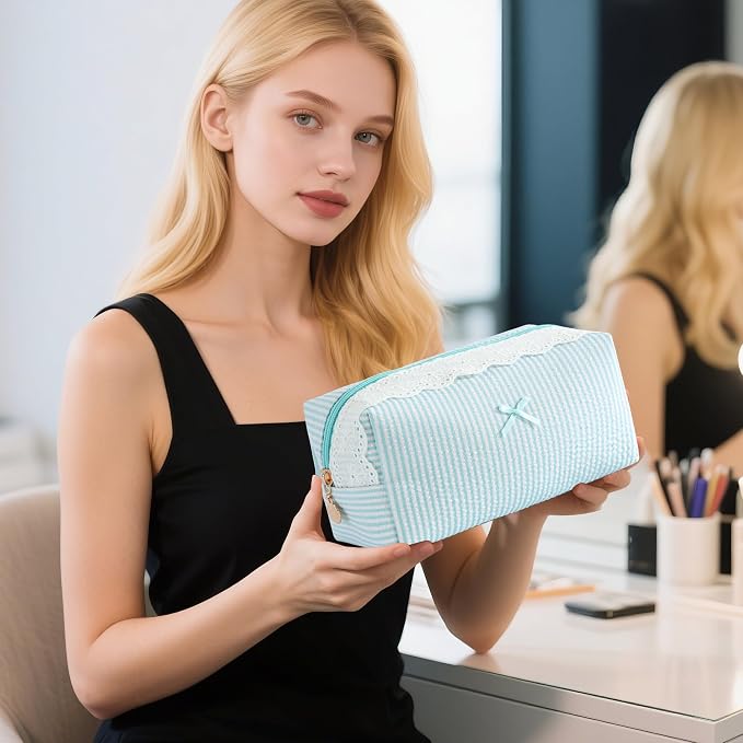 Makeup Bag Travel Toiletry Bag for Women, Small Cosmetic Bags with Lace Trim Cute Green Stripe Aesthetic Organizer Makeup Pouch for Purse Emergency Bag Pencil Case Accessory Bag - Image 2