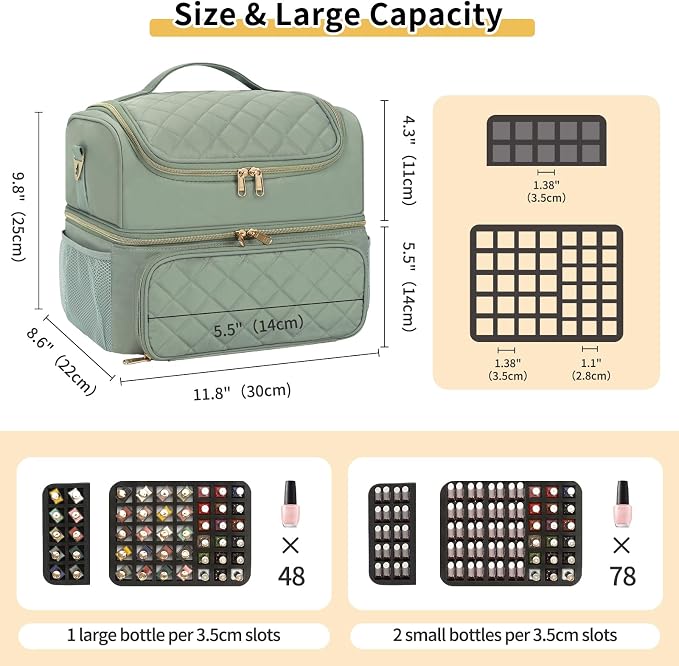 CUBETASTIC Nail Polish Organizer & Storage Bag for 48 Bottles & Full-Size Lamp, Double-Layer Travel Case Box for Nail Supplies, Manicure Kit & Pedicure Tools (Green, 48 Slots) - Image 4