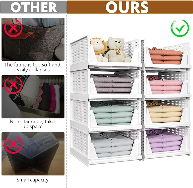 SNSLXH 8 Pack Stackable Closet Storage Bins, Multifunctional & Foldable Closet Organizers and Storage for Bathroom Kitchen Laundry Room Drawer Shelf Storage, Space-Saving Wardrobe Organizer, White - Image 2