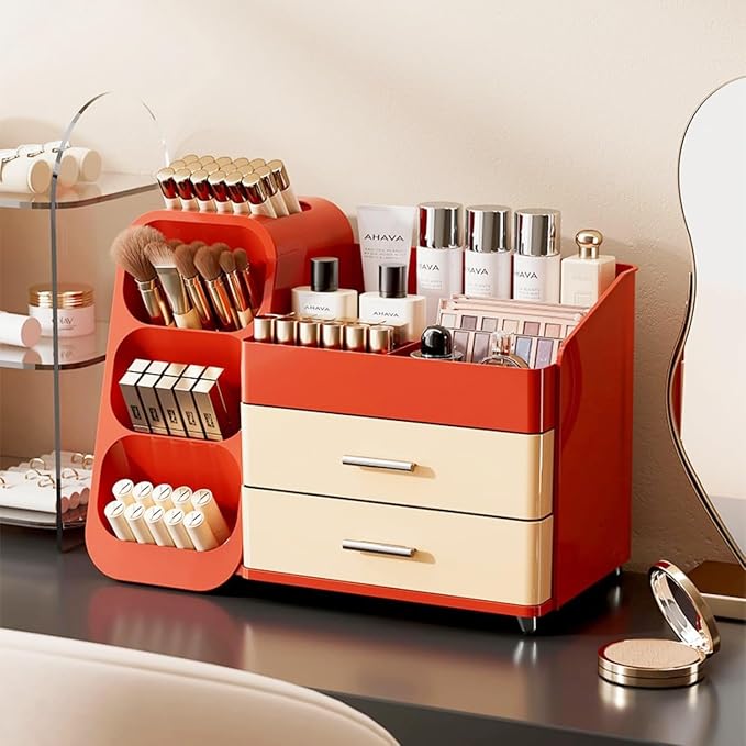 Makeup Organizer with Drawers,Large Capacity Countertop Organizer for Vanity,Bathroom and Bedroom Desk Cosmetics Organizer,Easy To Storage Skincare,Brushes,Lotions (Red and Cream) - Image 2