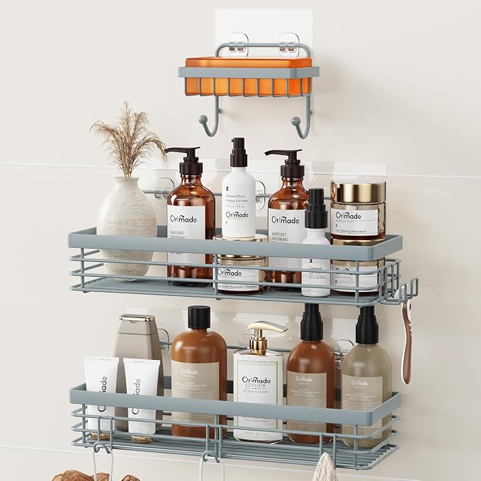 Orimade Adhesive Shower Caddy Soap Dish Holder Shelf with 5 Hooks Bathroom Organizer Basket Kitchen Storage Rack Wall Mounted No Drilling Stainless Steel - 3 Pack, Light Blue Grey by Orimade