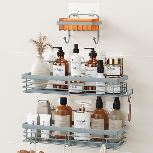 Orimade Adhesive Shower Caddy Soap Dish Holder Shelf with 5 Hooks Bathroom Organizer Basket Kitchen Storage Rack Wall Mounted No Drilling Stainless Steel - 3 Pack, Light Blue Grey by Orimade