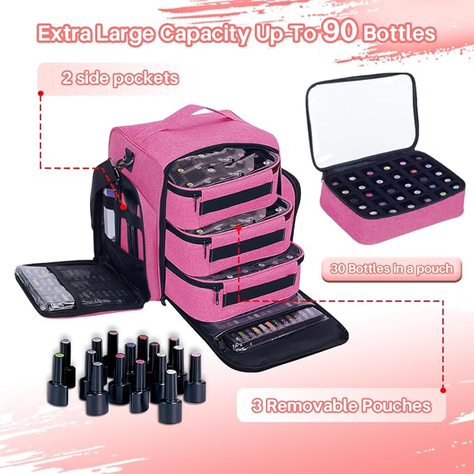 Nail Polish Organizer Case Hold 90 Bottles with 3 Detachable Bag,Red | Portable Travel Storage Box Designed for Women's Nail Tools, Essential Oils and Cosmetics Sets - Image 4